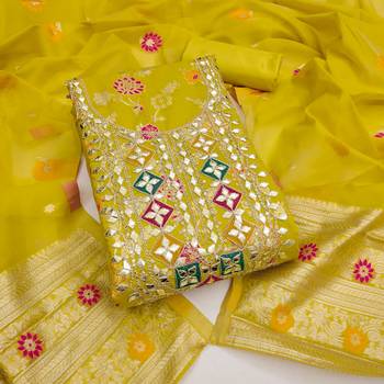 yellow  gota embroidery chanderi jacquard unstitched dress material  1