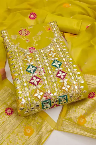 yellow  gota embroidery chanderi jacquard unstitched dress material 