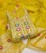 yellow  gota embroidery chanderi jacquard unstitched dress material 