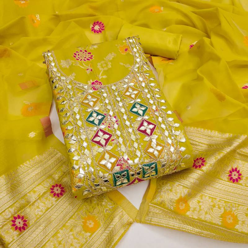yellow  gota embroidery chanderi jacquard unstitched dress material 