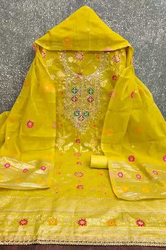 yellow  gota embroidery chanderi jacquard unstitched dress material 