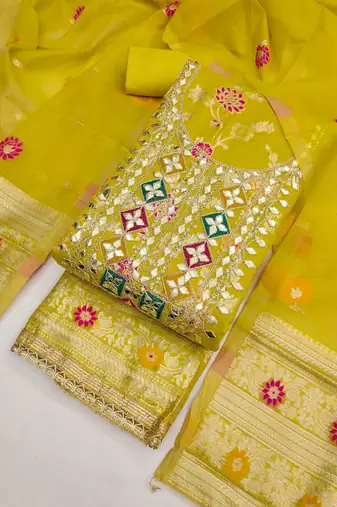 yellow  gota embroidery chanderi jacquard unstitched dress material 