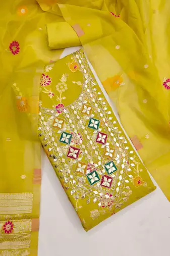yellow  gota embroidery chanderi jacquard unstitched dress material 