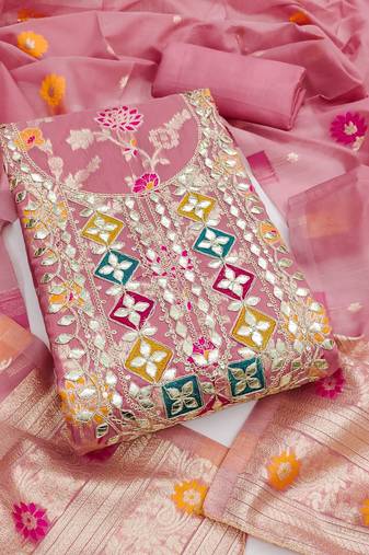 pink gota embroidery chanderi jacquard unstitched dress material 