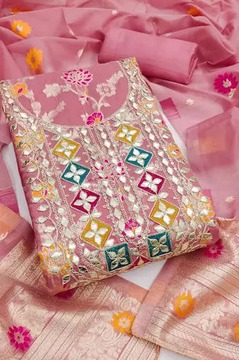 pink gota embroidery chanderi jacquard unstitched dress material 