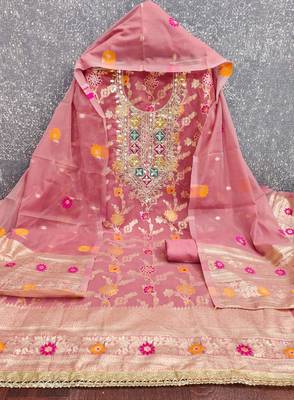 pink gota embroidery chanderi jacquard unstitched dress material  2