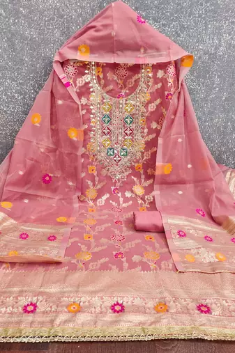 pink gota embroidery chanderi jacquard unstitched dress material 