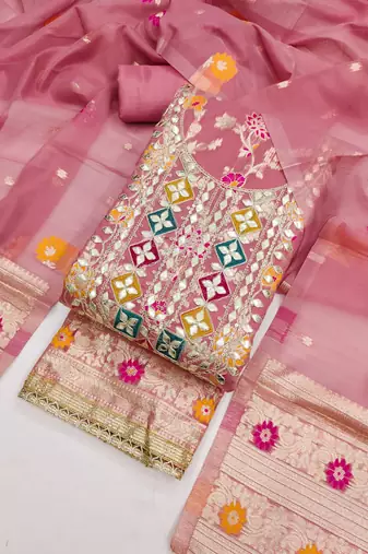 pink gota embroidery chanderi jacquard unstitched dress material 
