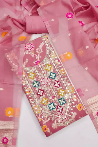 pink gota embroidery chanderi jacquard unstitched dress material 