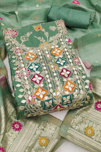 sea green gota embroidery chanderi jacquard unstitched dress material 