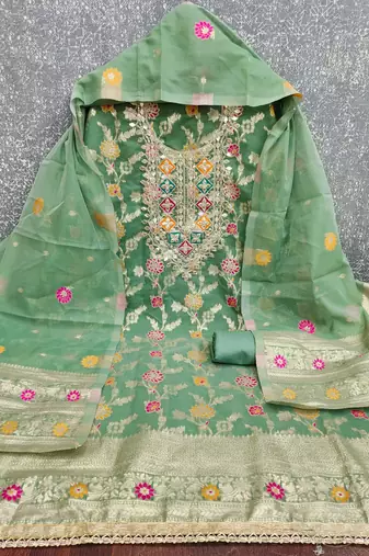 sea green gota embroidery chanderi jacquard unstitched dress material 
