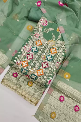 sea green gota embroidery chanderi jacquard unstitched dress material 