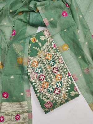 sea green gota embroidery chanderi jacquard unstitched dress material  4