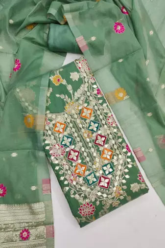 sea green gota embroidery chanderi jacquard unstitched dress material 