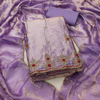 lavender handwork fendy silk blend unstitched dress material  1