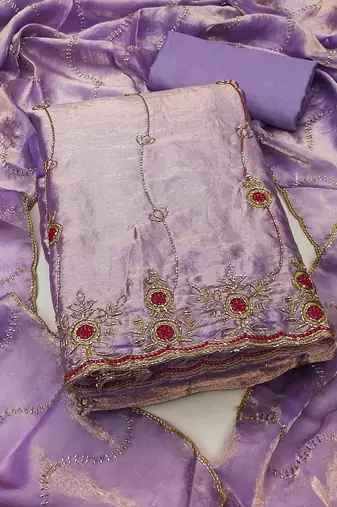 lavender handwork fendy silk blend unstitched dress material 