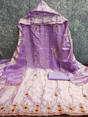 lavender handwork fendy silk blend unstitched dress material  2