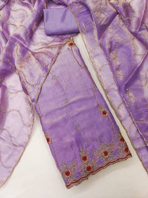 lavender handwork fendy silk blend unstitched dress material  3
