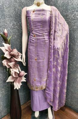 lavender handwork fendy silk blend unstitched dress material  4