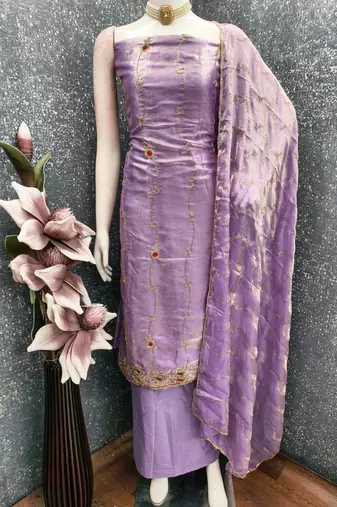lavender handwork fendy silk blend unstitched dress material 