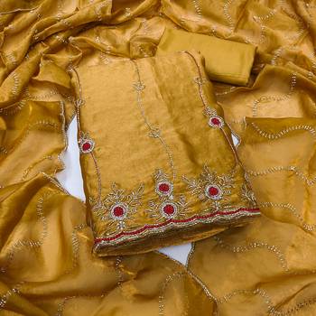 yellow handwork fendy silk blend unstitched dress material  1