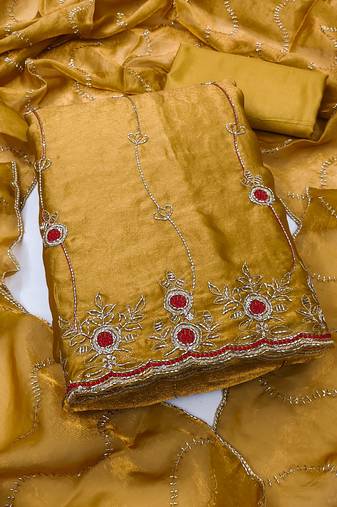 yellow handwork fendy silk blend unstitched dress material 