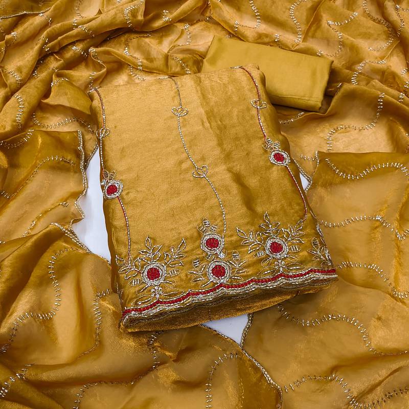 yellow handwork fendy silk blend unstitched dress material 