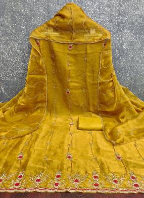 yellow handwork fendy silk blend unstitched dress material  2