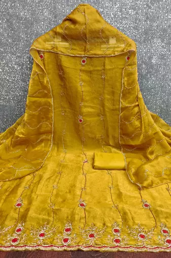 yellow handwork fendy silk blend unstitched dress material 