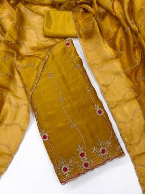 yellow handwork fendy silk blend unstitched dress material  3