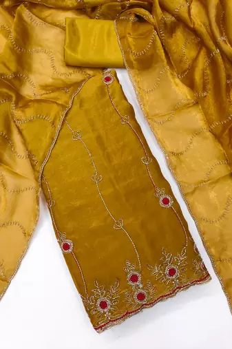 yellow handwork fendy silk blend unstitched dress material 