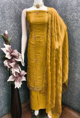 yellow handwork fendy silk blend unstitched dress material  4