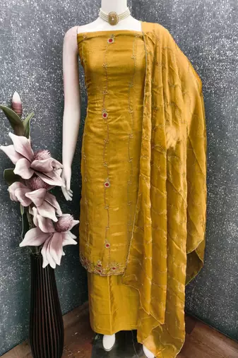 yellow handwork fendy silk blend unstitched dress material 