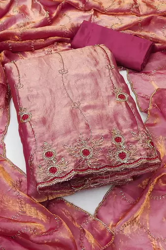 pink fancy fendy silk blend unstitched dress material 