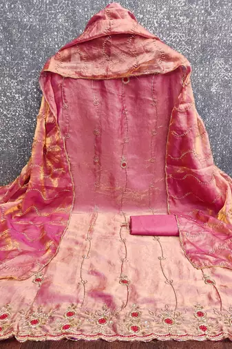 pink fancy fendy silk blend unstitched dress material 