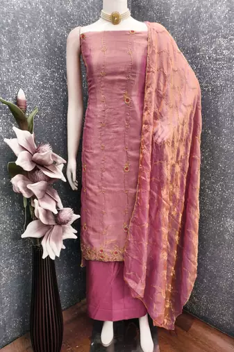 pink fancy fendy silk blend unstitched dress material 