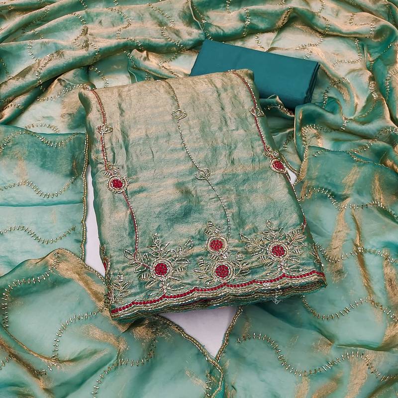 sea green fancy fendy silk blend unstitched dress material 