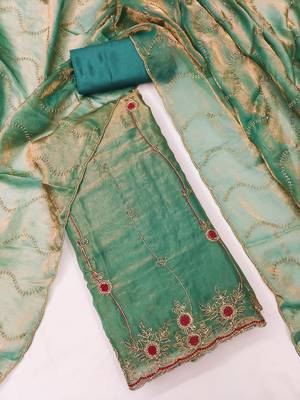 sea green fancy fendy silk blend unstitched dress material  3