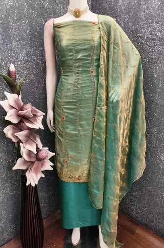 sea green fancy fendy silk blend unstitched dress material 