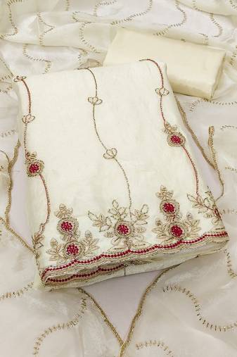 white fancy fendy silk blend unstitched dress material 