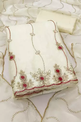 white fancy fendy silk blend unstitched dress material 