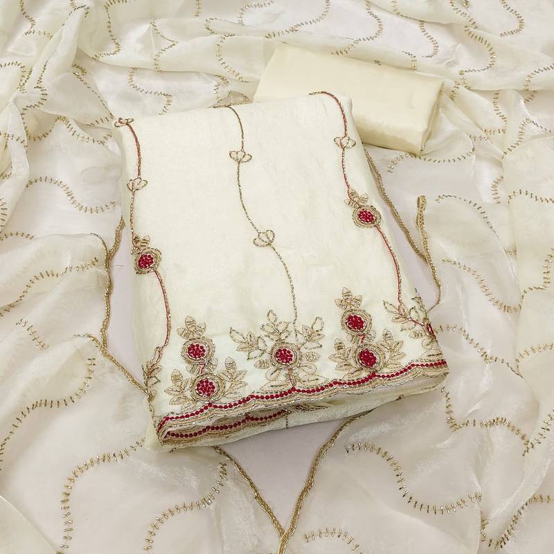 white fancy fendy silk blend unstitched dress material 