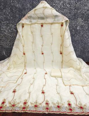 white fancy fendy silk blend unstitched dress material  2