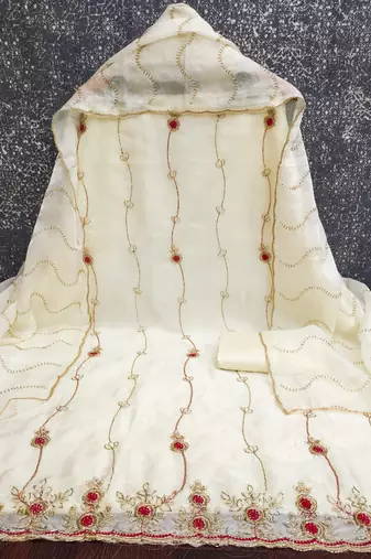 white fancy fendy silk blend unstitched dress material 