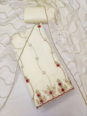 white fancy fendy silk blend unstitched dress material  3