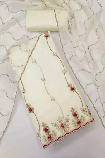 white fancy fendy silk blend unstitched dress material 