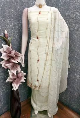 white fancy fendy silk blend unstitched dress material  4