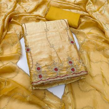 yellow  fancy fendy silk blend unstitched dress material  1