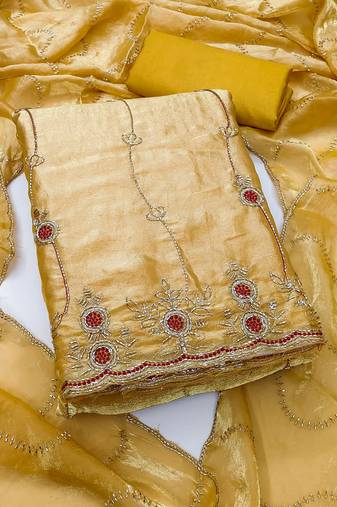 yellow  fancy fendy silk blend unstitched dress material 