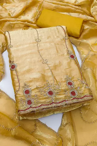yellow  fancy fendy silk blend unstitched dress material 